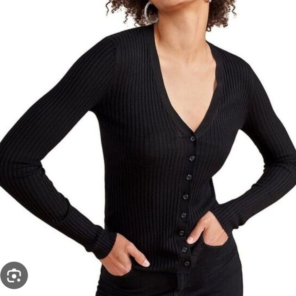 La Ligne Black V-Neck Fine Line Ribbed Silk Blend Cardigan Sweater Medium